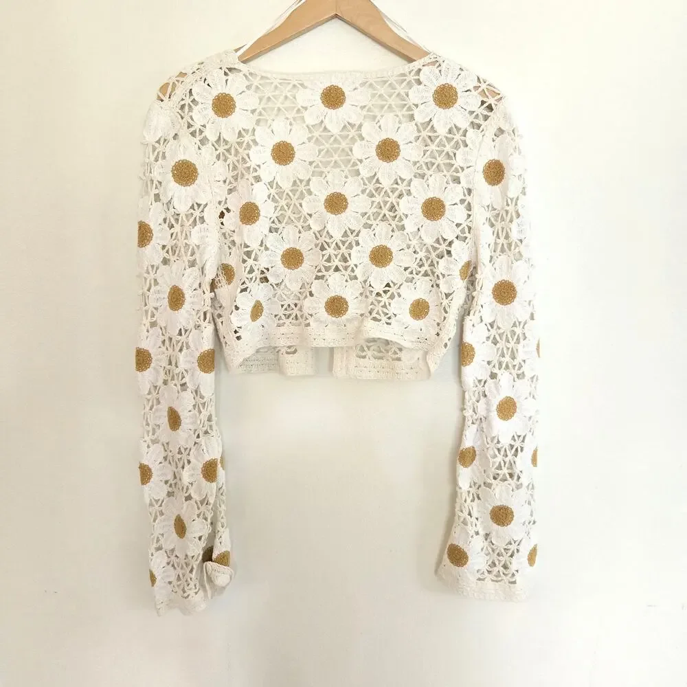 Jessica Simpson Daisy Floral Crochet Crop Cardigan White Cream XL